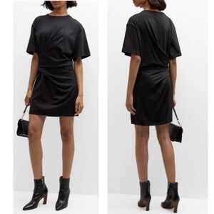 FRAME Draped Knit Organic Cotton Ruched Short Sleeve Crew Neck Mini Shirt Dress